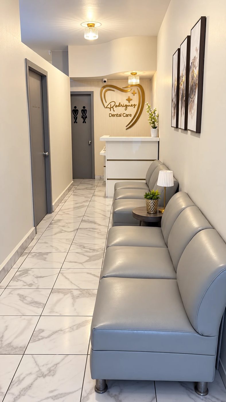 Recepción de Rodríguez Dental Care con el logo dorado